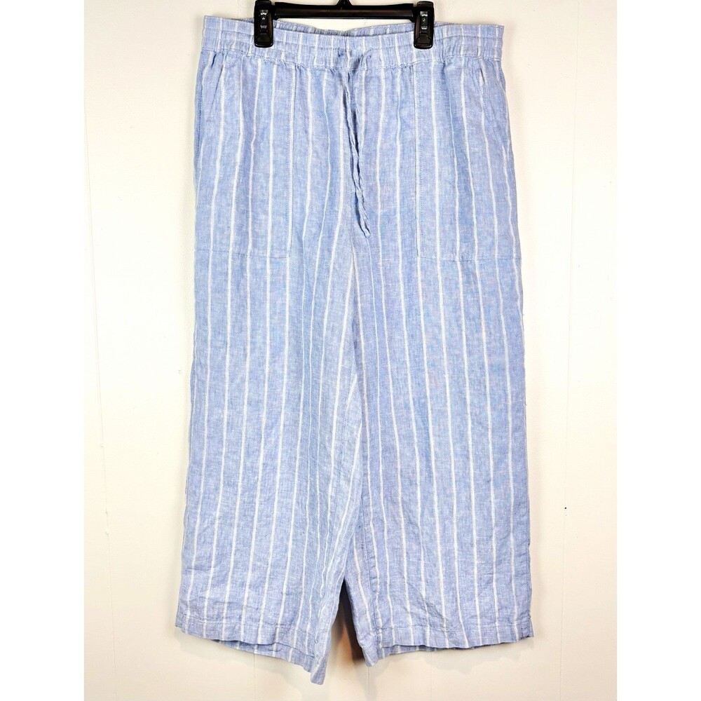 Lands' End Women's Med 100% Linen Pants Blue White Striped Coastal Relaxed